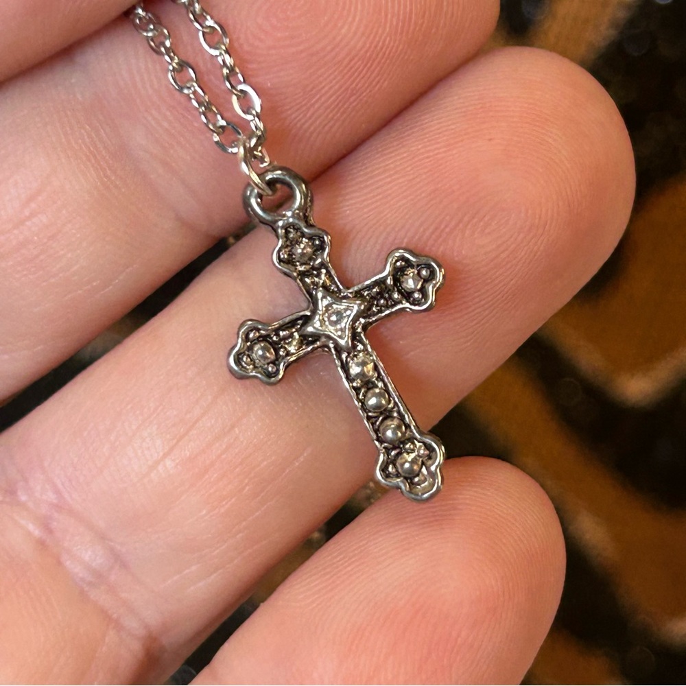 Handcrafted textured silver cross pendant on chain necklace